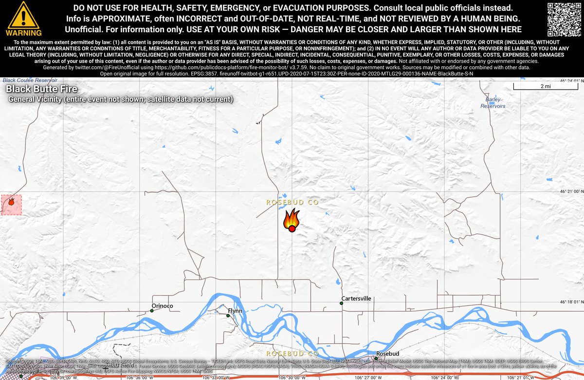 NRockFireBot's tweet photo. #BlackButteFire 🔥 unofficial, automated update.
Near Rosebud, MT. ⚠️ DO NOT USE FOR SAFETY PURPOSES - See officials instead. May be incorrect; disclaimers in images. https://t.co/Hgyy0MjFlS