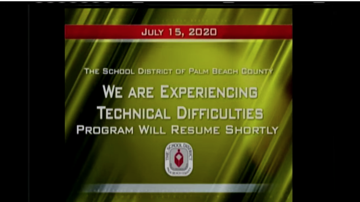 After hours of public comment and a brief discussion between board members about the implications behind a delayed reopening date, the Palm Beach County School board meeting is experiencing technical difficulties.No decision has been made yet. As of right now, no signal.  @WLRN