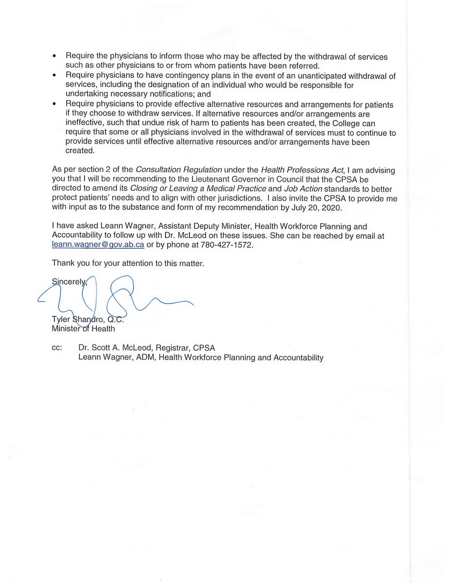 I’ve asked the College of Physicians and Surgeons of Alberta ( @CPSA_CA) to recommend changes to strengthen the existing requirements for physicians changing their practices to mitigate the impact on patients. 1/6