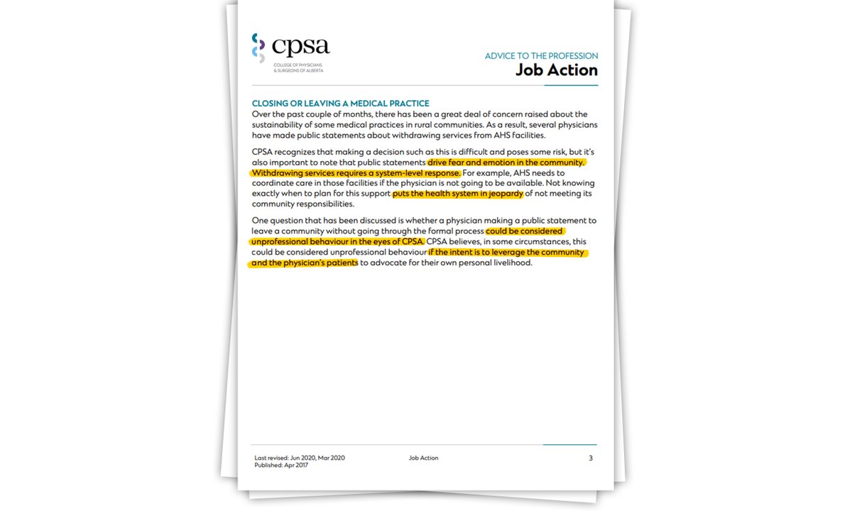 The CPSA already recognizes this concern, and this is something I’ve tweeted about in the past.CPSA’s existing “Advice on Job Action” cautions members against leveraging withdrawal of services in their own interest, depending on the circumstances. 2/6 http://www.cpsa.ca/wp-content/uploads/2017/03/AP_Job-Action.pdf