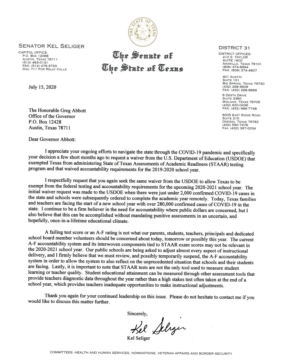 kseliger's tweet photo. Today, I requested that Governor @GregAbbott_TX seek to waive STAAR tests and A-F ratings. 1/2 https://t.co/t8wV3chc0d