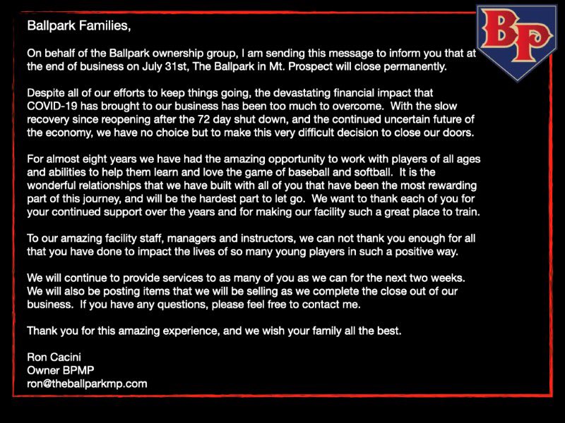 cacini_jr's tweet photo. It’s with heartfelt disappointment we will be closing our doors @ballpark_mp on 7/31.
We have appreciated all your support and due to Covid have not been able to recover financially.
#BPFamily #BPDifference
Thanks to all for your loyalty and commitment to our instruction&staff! https://t.co/W16rLw5UPH
