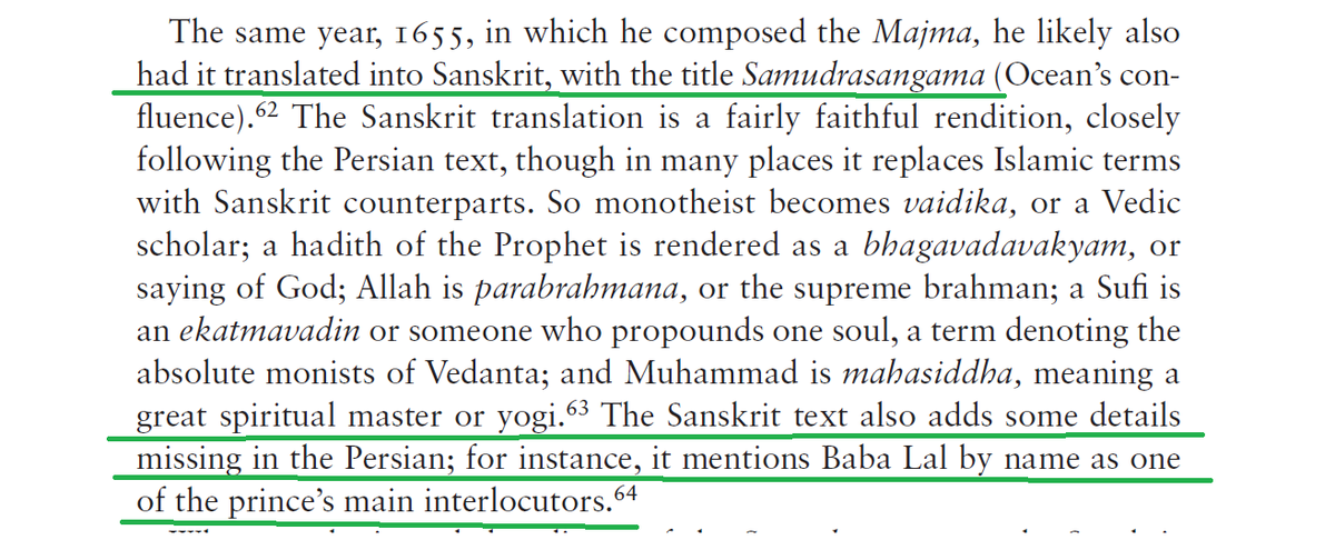 You are mistaken!समुद्रसङ्गमः was NOT Dara Shikoh's Sanskrit work.It was a TRANSLATION of Dara Shikoh's Persian work Majma-ul-Bahrain. The translation was done by a retinue of Sanskrit writers working directly under him.The lead translator's name was Baba Lal Bairagi!  https://twitter.com/NarayanDuttMi10/status/1283487706308202497