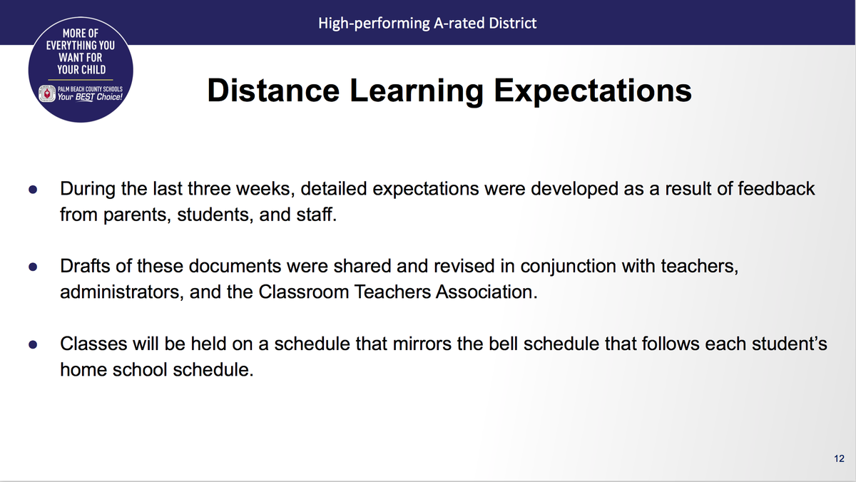 The Palm Beach County school board is going through the logistics and expectations behind distance learning.Students would have a minimum of 24 hours to complete any assignments; schedule would mirror bell schedule.  @WLRN  #COVID19  #Florida  #schoolsreopening