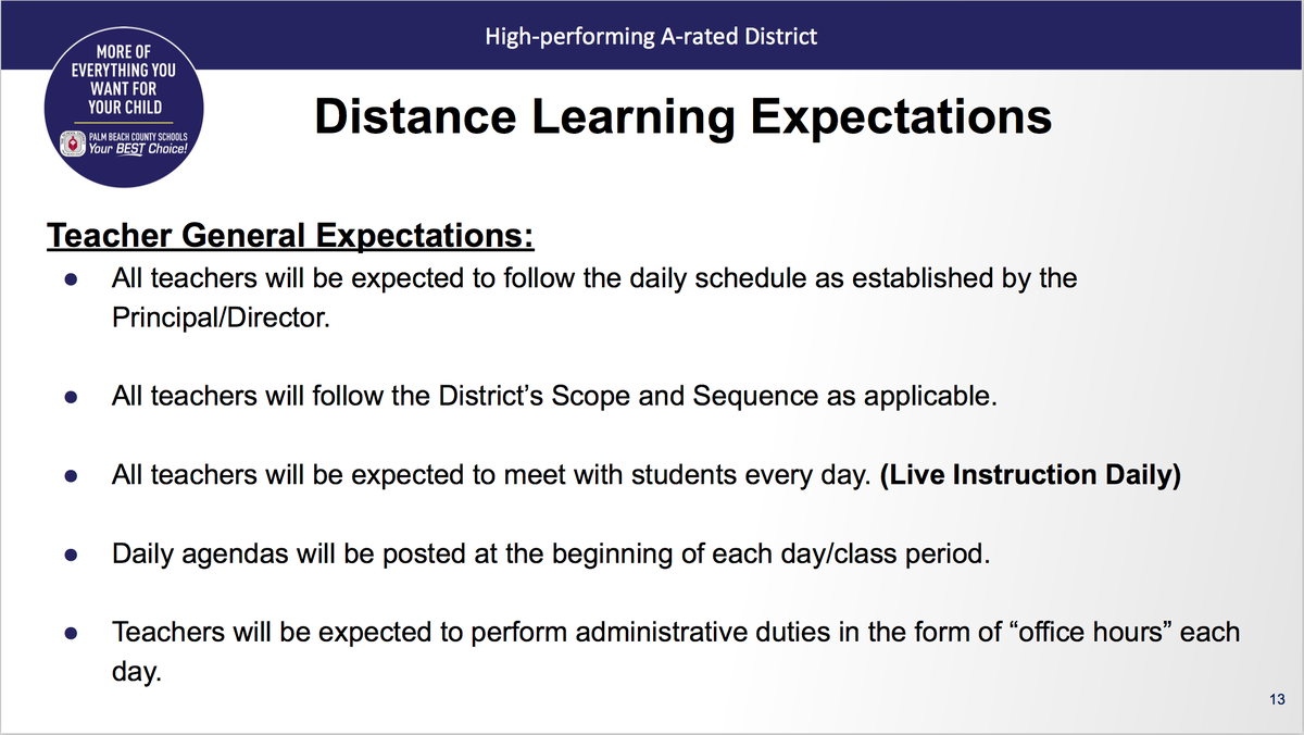 The Palm Beach County school board is going through the logistics and expectations behind distance learning.Students would have a minimum of 24 hours to complete any assignments; schedule would mirror bell schedule.  @WLRN  #COVID19  #Florida  #schoolsreopening
