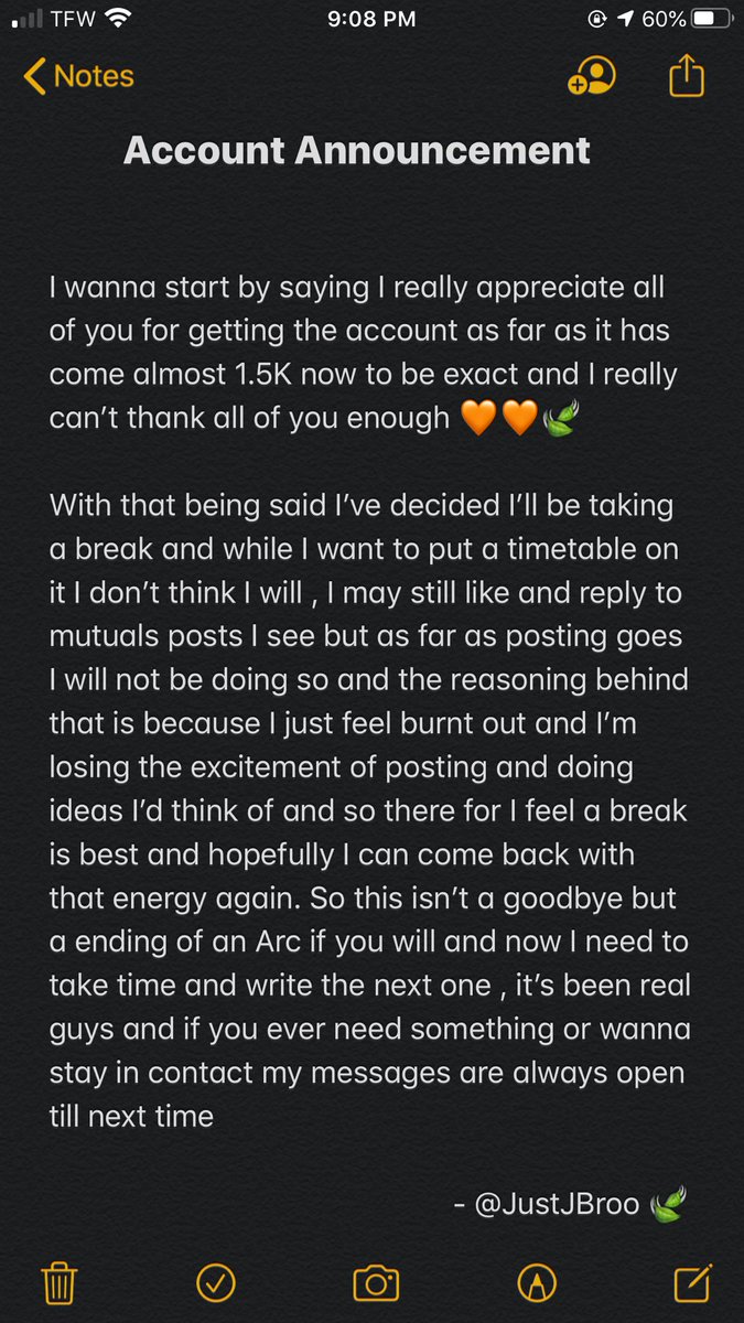 JustJBroo's tweet photo. Young shinobi I have an announcement , everything you need to regarding the future of the account can be found in the screenshot of the note. https://t.co/QXL1vd9uUF