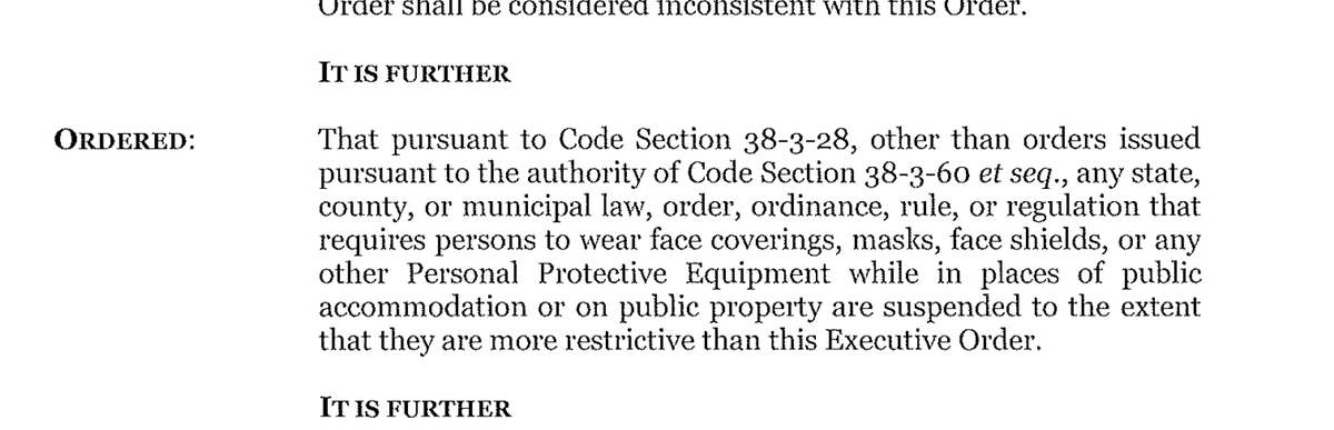 Hours before it was set to expire  @GovKemp extends  #Georgia's  #COVID19 protections and requirements. But on page 32 he also added in a provision prohibiting local governments from requiring  #masks.