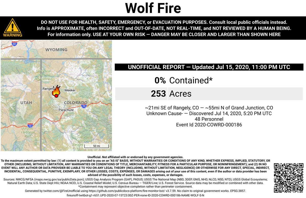 RockyMtnFireBot's tweet photo. #WolfFire 🔥 unofficial, automated update.
~21mi SE of Rangely, CO. ⚠️ DO NOT USE FOR SAFETY PURPOSES - See officials instead. May be incorrect; disclaimers in images. https://t.co/0nzLb8LmZ2