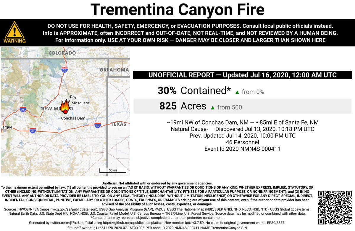 SWFireBot's tweet photo. #TrementinaCanyonFire 🔥 unofficial, automated update.
~19mi NW of Conchas Dam, NM. ⚠️ DO NOT USE FOR SAFETY PURPOSES - See officials instead. May be incorrect; disclaimers in images. https://t.co/Hvg56tdj7c