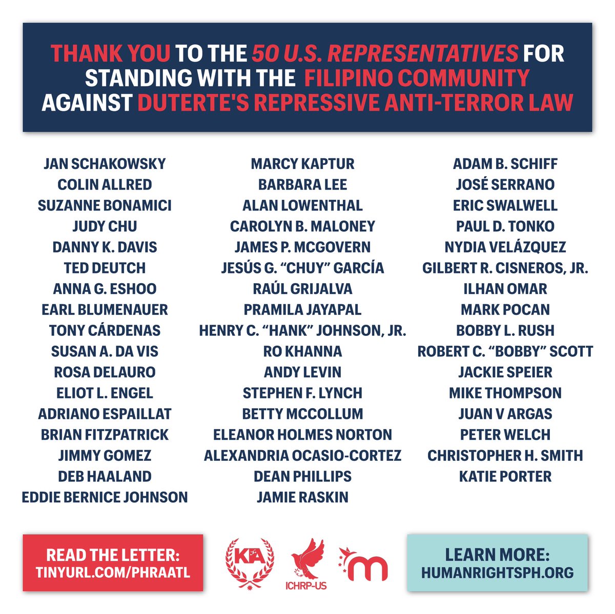 Thank you to the 50 US reps for standing with the #filipino community against #du30 anti-terror law! <a href="/RepSchakowsky/">Jan Schakowsky</a> <a href="/RepJudyChu/">Judy Chu</a> #junkantiterrorlaw