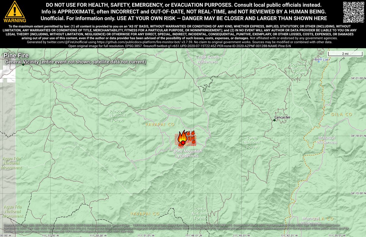 SWFireBot's tweet photo. #PineFire 🔥 unofficial, automated update.
~16mi E of Cordes Lakes, AZ. ⚠️ DO NOT USE FOR SAFETY PURPOSES - See officials instead. May be incorrect; disclaimers in images. https://t.co/BZLD64Sktx