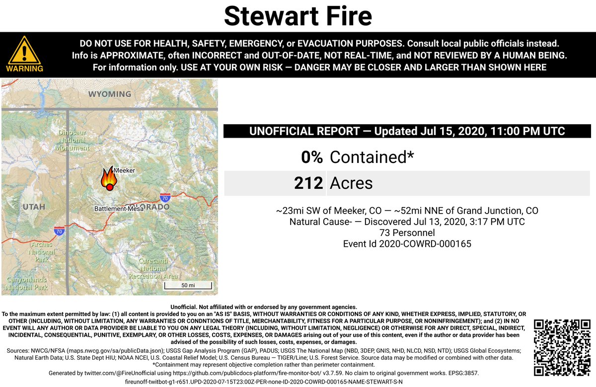 RockyMtnFireBot's tweet photo. #StewartFire 🔥 unofficial, automated update.
~23mi SW of Meeker, CO. ⚠️ DO NOT USE FOR SAFETY PURPOSES - See officials instead. May be incorrect; disclaimers in images. https://t.co/PL4VlQj7vj