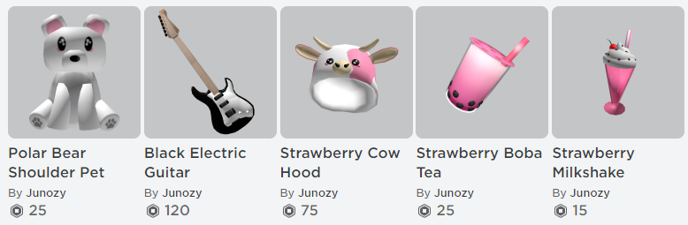 Juno On Twitter My Robloxugc Items Are Out For This Week Milkshake Https T Co Op4x0yxdsr Boba Tea Https T Co 5bq6g1nvlt Strawberry Cow Hood Https T Co A7ebqzswub Electric Guitar Https T Co Gzd7jflidb Polar Bear Https T Co Fl7pqmlcld - cute strawberry cow outfit roblox