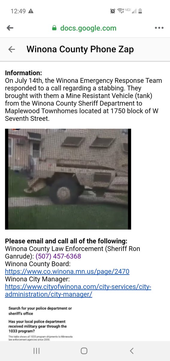 Winona PD brought a mine resistant vehicle to a knife fight. What the fuck kind of protocol is that? Please call/email them and ask yourself. It is not normal to live in a militarized police state.