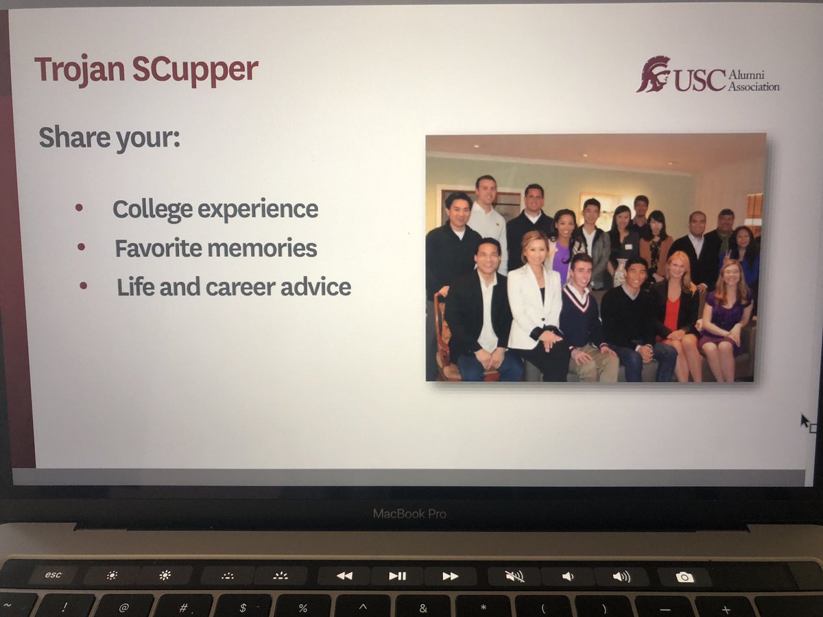 EmilyYoungEDU's tweet photo. On the @USCAlumni Volunteer Open House Zoom reminiscing about my first SCupper as a student with @USC_Athletics QB @ShaneFoley_USC. SCuppers will be virtual this fall, so do we cook 👩‍🍳 or all grab local takeout 🍖? https://t.co/Bl8d8dmDY3