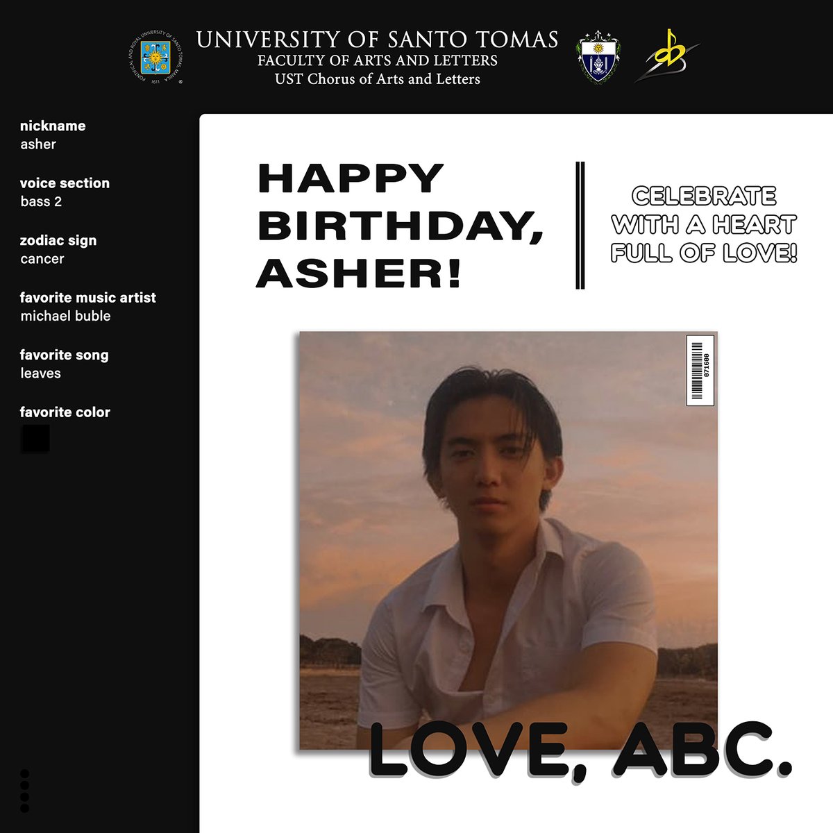 ustabchorale's tweet photo. This one's for you! Happy birthday to our dearest member, @AsherKitma. May this year bring you happiness, fulfillment and love. We cherish you!

LOVE, ABC.

#ABCSilverAndBeyond
#TIMELES25YMPHONY https://t.co/LE75k8A0Jn