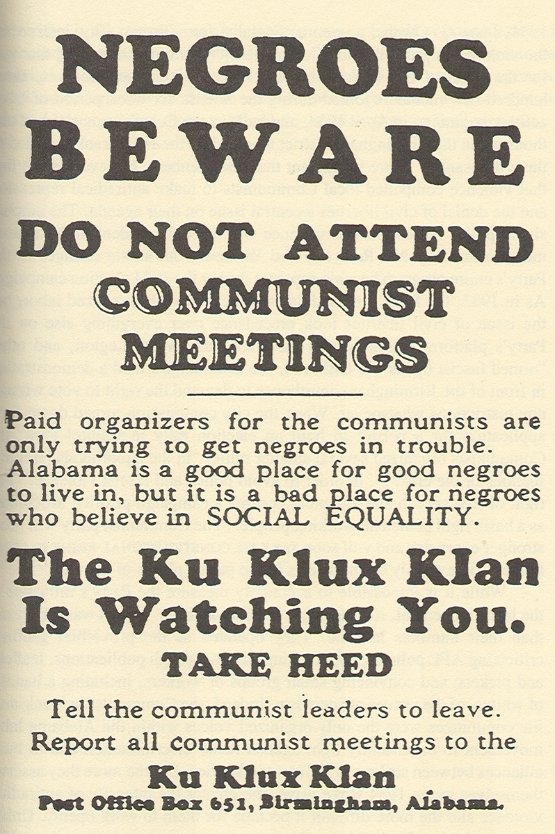 So defenders of slavery hated communists. Who else hated communists? The KKK! Why wouldn't they? After all, communists will make you "believe in SOCIAL EQUALITY."