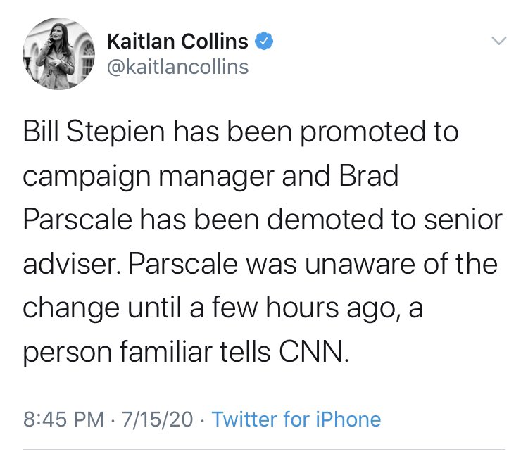 So...  @kaitlancollins reports that  @parscale did not know until a few hours ago about the demotion. Thast’s what 4-5 PM?Maybe he did know; maybe he didn’t. So it’s a safe bet to claim via a source that he didn’t know. There is a 50% chance this is true. Irrelevant if it isn’t.