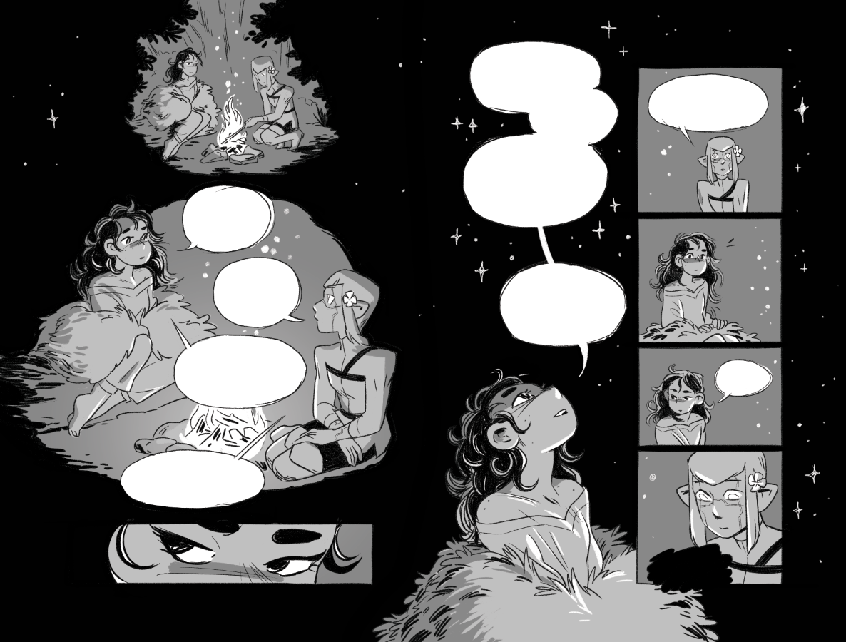 drawing today (can't share the comic yet but I like this spread very much)