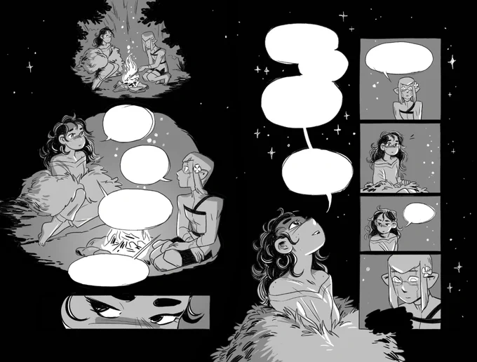 drawing today (can't share the comic yet but I like this spread very much) 