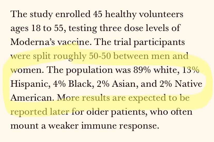 The phase 1  @moderna_tx  #coronavirus vaccine results gave me a little hope today, but then I looked at the racial and ethnic demographic breakdown of the subjects... and then thought about which communities have been the most disproportionately impacted by the pandemic. 