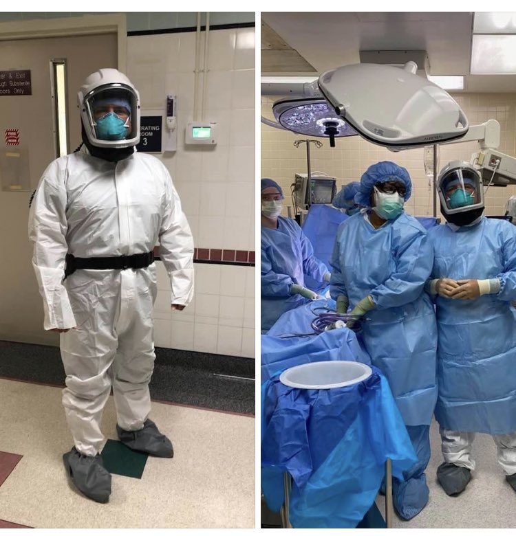 KarenLehr's tweet photo. This is how my uncle had to dress today to perform surgery on a Covid positive patient. His oxygen levels did not drop. He did not suffocate. If he can do this, you can wear a mask while running errands. This is not political, it’s about protecting your fellow people. https://t.co/PBxEmdsrLE