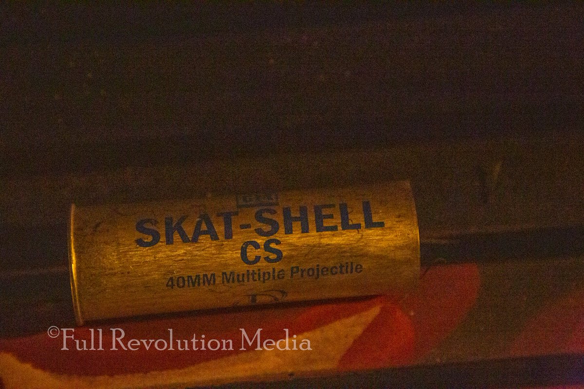 Talk weapons a sec. Three companies responsible: Defense Technology (WY)/Safariland (same co.) and Combined Systems (PA). Gas has been used that expired as far back as 2008. Most common, OC/CS gas, 40mm rubber bullets, and pepper/marker balls. Multiple little CS come from 4Omm