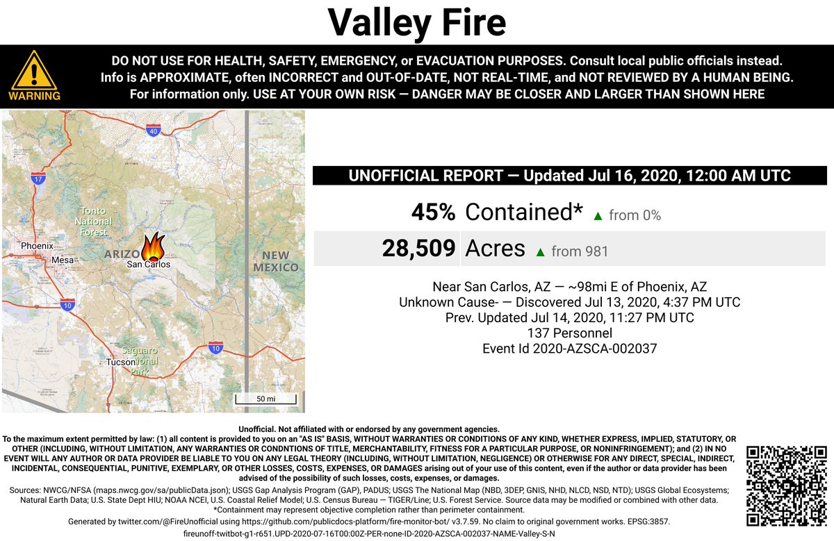 SWFireBot's tweet photo. #ValleyFire 🔥 unofficial, automated update.
Near San Carlos, AZ. ⚠️ DO NOT USE FOR SAFETY PURPOSES - See officials instead. May be incorrect; disclaimers in images. https://t.co/V6bJ0K60mG
