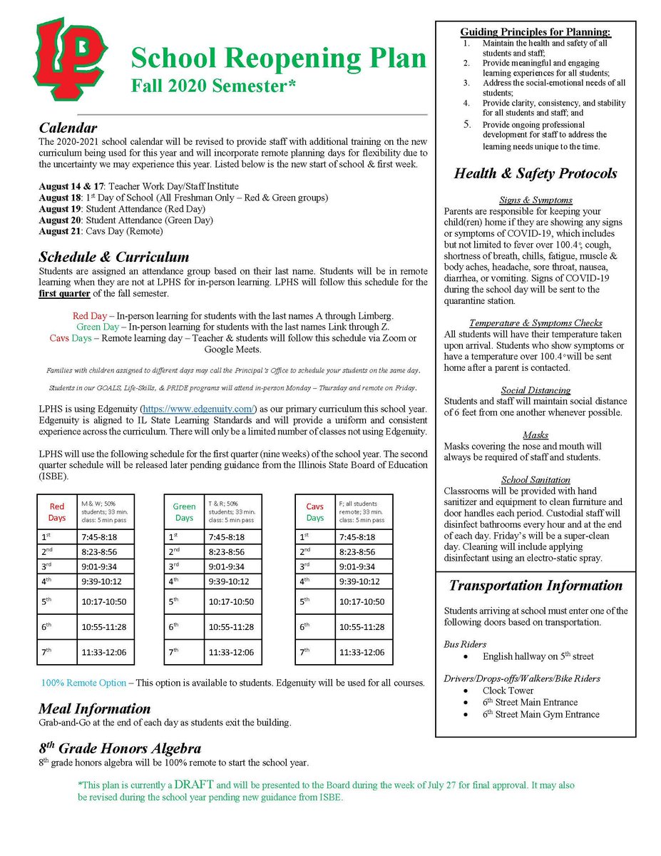 We released the draft LPHS Reopening Plan this evening to the Board of Education, staff and parents. Kudos &amp; thx to the members of the Reopening Design Team, Supt's Council and respondents to the staff &amp; parents surveys!! The BOE will take action the week of 7/27. <a href="/LP_Principal/">Ingrid Cushing</a>