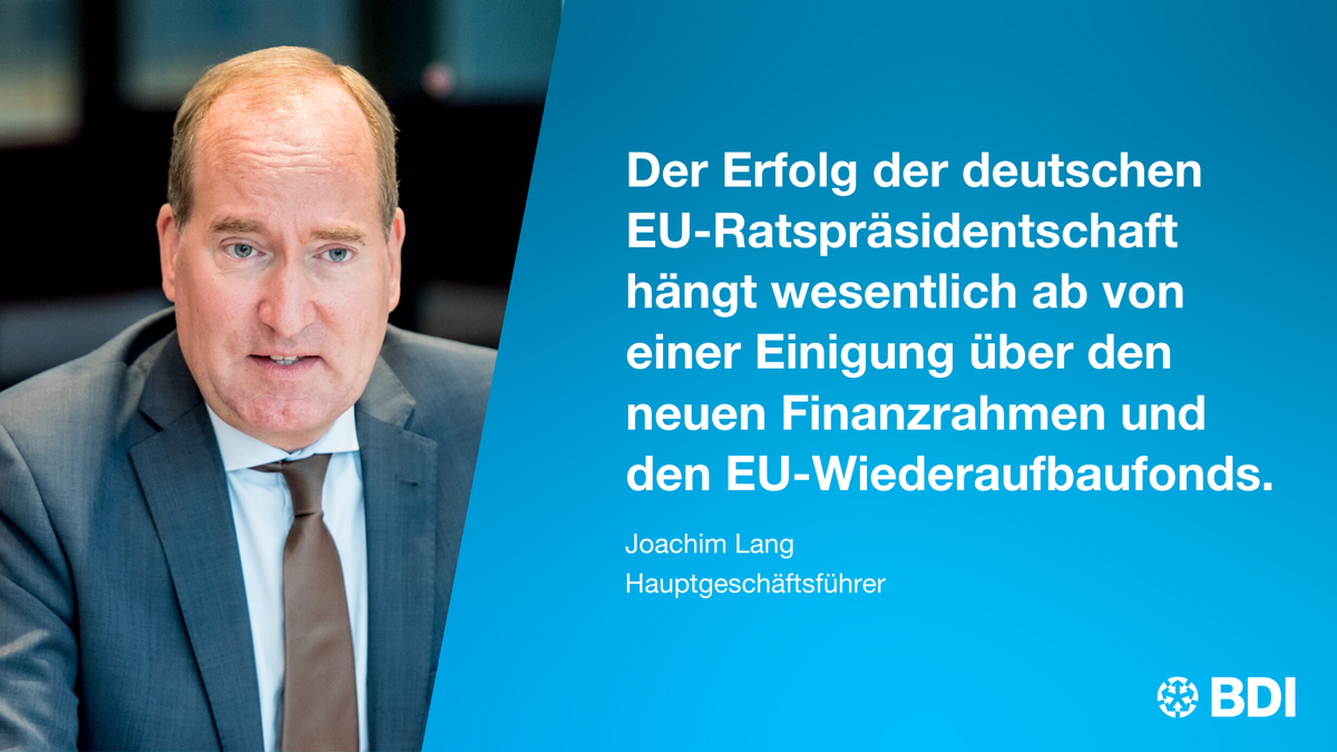 Der_BDI's tweet photo. #EUCO 🇪🇺 Eine Einigung über den neuen #Finanzrahmen und #Wiederaufbaufonds sind zentral für den wirtschaftlichen Restart in Europa. "Die Zeit drängt", appelliert BDI-HGF Lang 👉 https://t.co/XR66ji1aTg #EU2020DE #ReadyForRestart https://t.co/yxzKXurHGe
