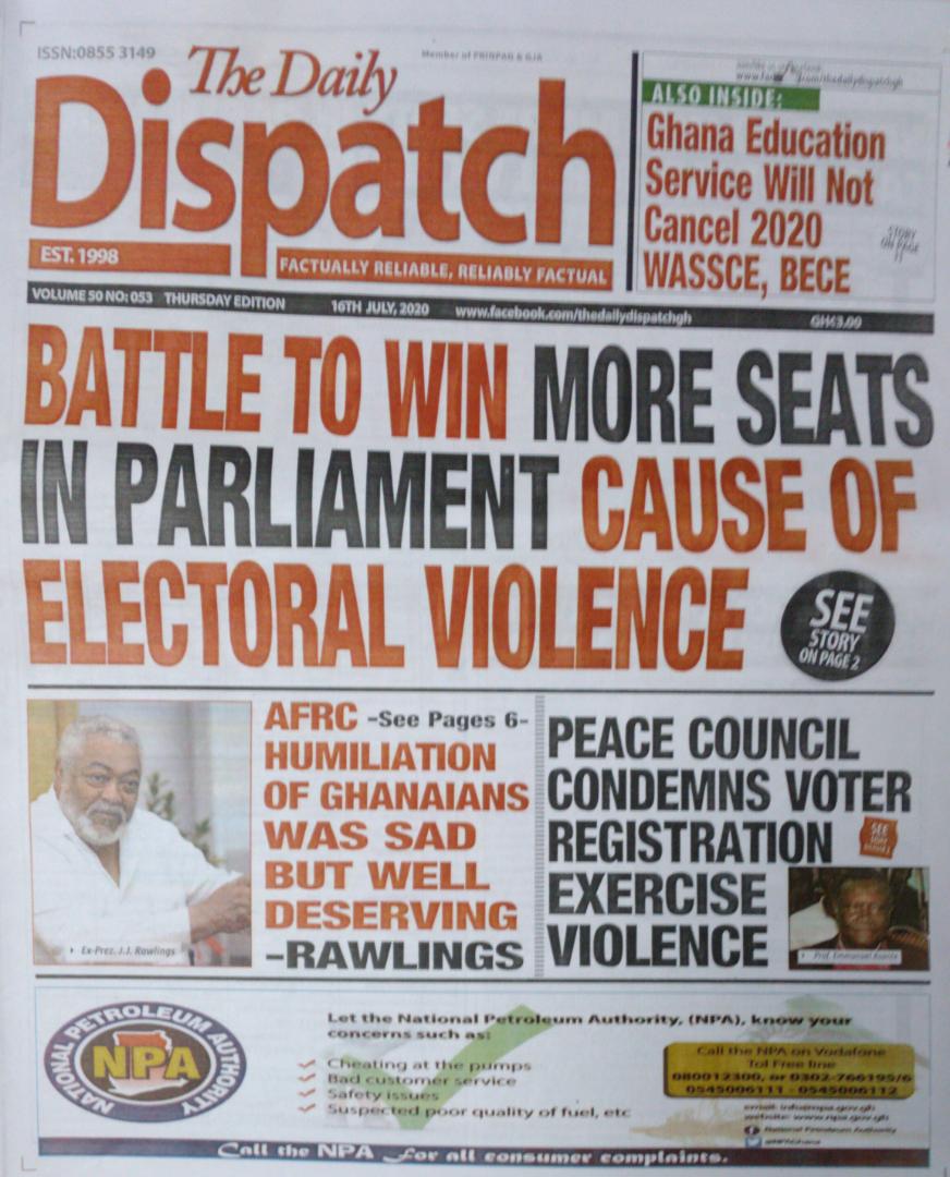JoyNewsOnTV's tweet photo. The Daily Dispatch
* Ghana Education Service will not cancel 2020 WASSCE, BECE.

* AFRC humiliation of Ghanaians was sad but well deserving - Rawlings 

#AMShow https://t.co/WTQeRCsIIE