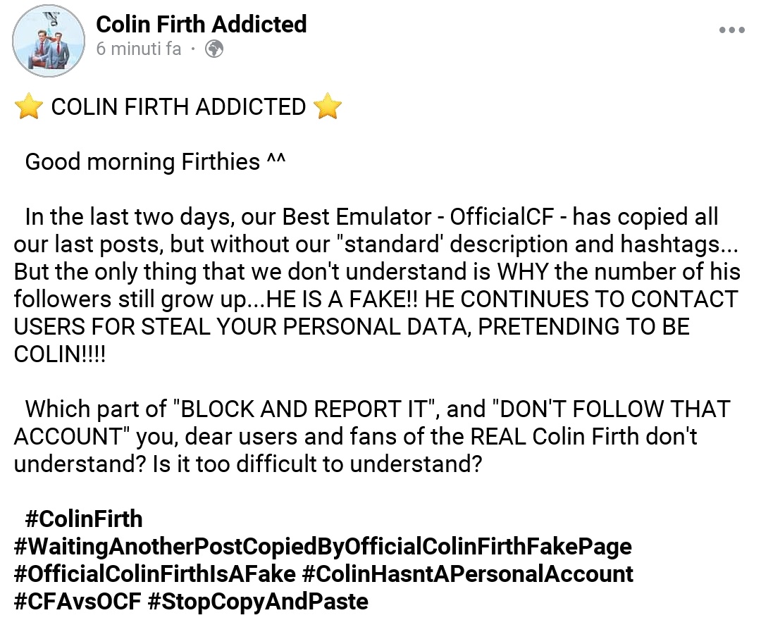 CFAddicted's tweet photo. ⭐ COLIN FIRTH ADDICTED ⭐
Good morning Firthies...
#ColinFirth #WaitingAnotherPostCopiedByOfficialColinFirthFakePage #OfficialColinFirthIsAFake #ColinHasntAPersonalAccount #CFAvsOCF #StopCopyAndPaste https://t.co/MUUGVZWvBl https://t.co/le0lMeNtmS