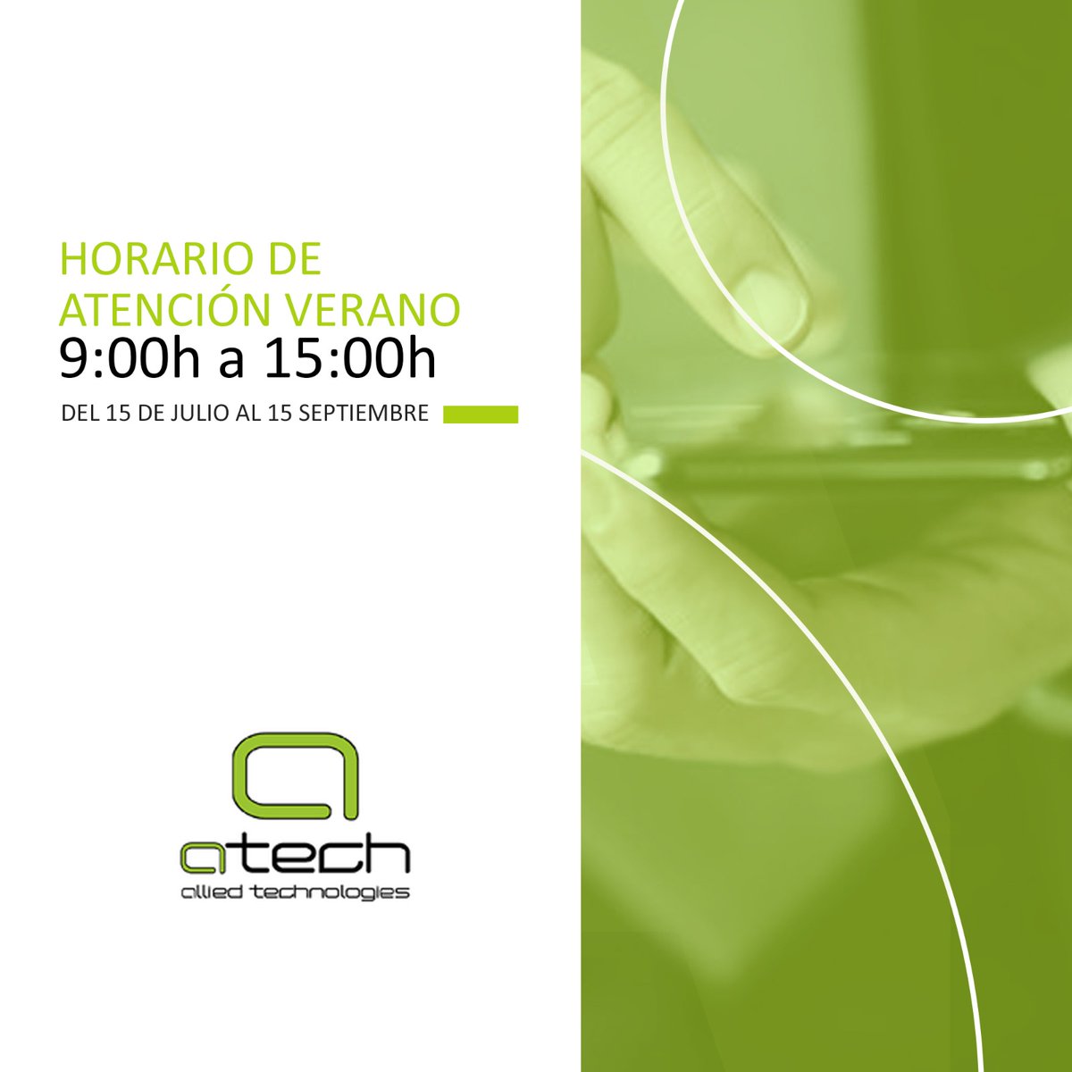Atech_Malaga's tweet photo. Arrancamos el horario de verano y nuestros teléfonos de atención estarán disponibles de 🕘 9h a 🕒 15h hasta el próximo 15 de septiembre.

Seguiremos conectados a través de nuestro 📧 correo electrónico o nuestro sitio 💻 web.

📩 info@atech.es🖱 https://t.co/NwC4DGJhsW https://t.co/6iKI9Xp36U