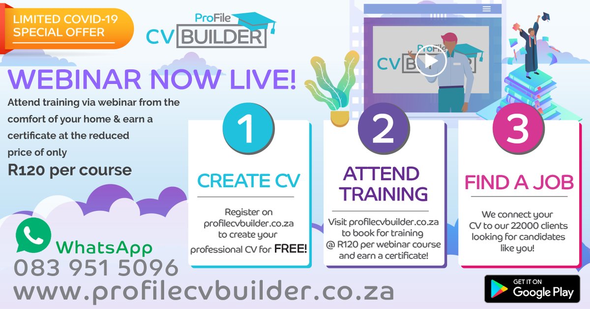 cv_profile's tweet image. WEBINAR NOW LIVE! 

1. Create a CV
2. Attend training
3. Find a job

Visit our website to book your seat today!
profilecvbuilder.co.za

#Sakhaisizwe #CreateCV #Cv #Webinartraining #training #softskills