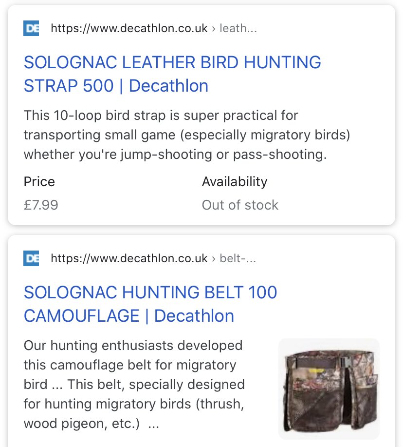 ruthpeacey's tweet photo. Dear @DecathlonUK Not sure if you’re aware but it’s illegal to shoot songbirds (incl thrush) in the uk so I’m a bit confused as to why your website promotes gear specifically for this. https://t.co/KmUjXNtxQF https://t.co/Fg84Qpwf5F