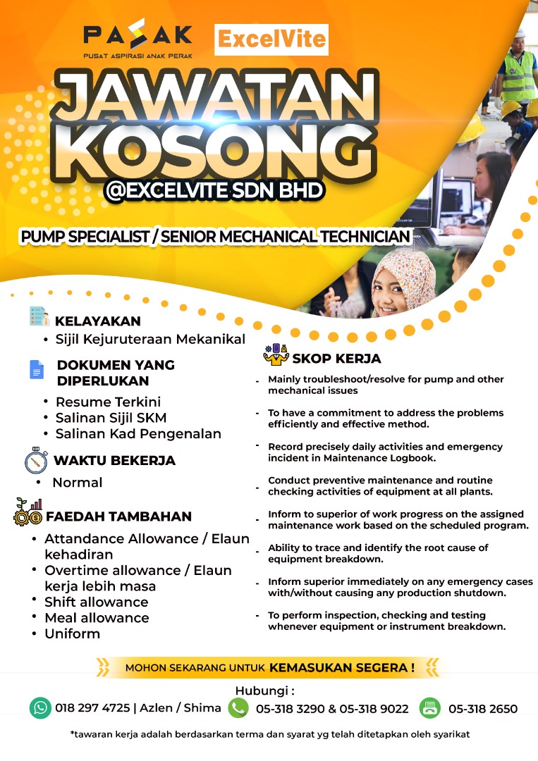perakpasak's tweet photo. JAWATAN KOSONG
EXCELVITE SDN BHD
UNTUK MENDAFTAR;
⏺️ Sila klik link : https://t.co/mxBXENiQCX
⏺️ Sebarang pertanyaan lanjut sila hubungi PASAK ditalian 018-297 4725 (Isnin - Jumaat 9am - 5pm)
#EXCELVITE
#PASAKPerak
#JawatanKosong
#Perak
#Malaysia
#PerakBebasCovid
#KitaJagaKita https://t.co/JegEhbxyxs
