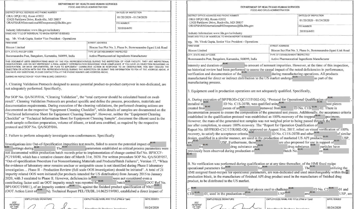 Example: Dates of Inspection by  @US_FDA of  @Bioconlimited (Biocon Sez Plot No. 3, Phase IV, Bommasandra-Jigani Link Road), Bangalore, India: 20/01/20-24/01/20. Multiple violations found in API mfg plant. ( https://www.fda.gov/inspections-compliance-enforcement-and-criminal-investigations/inspection-references/fda-form-483-frequently-asked-questions)What was DGCI doing?  https://twitter.com/das_seed/status/1283394662141693952