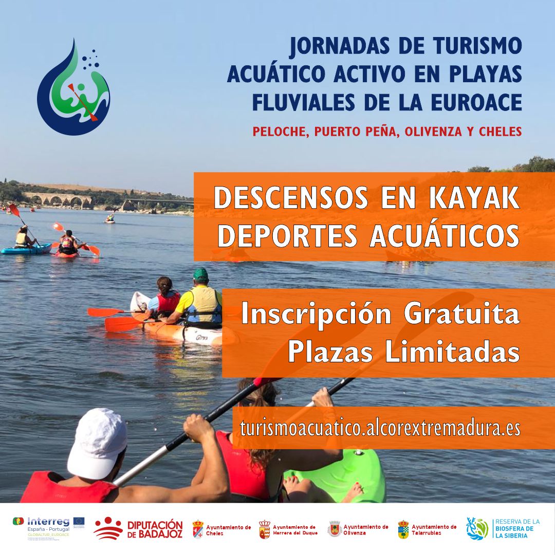 AlcorEx's tweet image. JORNADAS DE TURISMO ACUÁTICO ACTIVO EN PLAYAS FLUVIALES DE LA EUROACE Inscrip. gratuitas. Plazas Limitadas. 4 Descensos en Kayak + Deportes acuáticos.
01/08 Playa de Peloche 02/08 Playa de Puerto Peña 12/09
Embarcadero de Olivenza 13/09 Playa de Cheles.
@DipdeBadajoz #Euroace