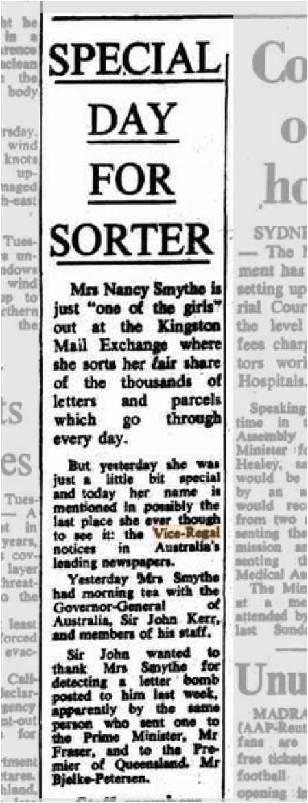 26-Nov-75 Article: Kerr mentions the name of sorter in Kingston Mail Exchange in Vice Regal notices, has her over for morning tea for detecting bomb (no luncheon or dinner for working class ?) 34.png