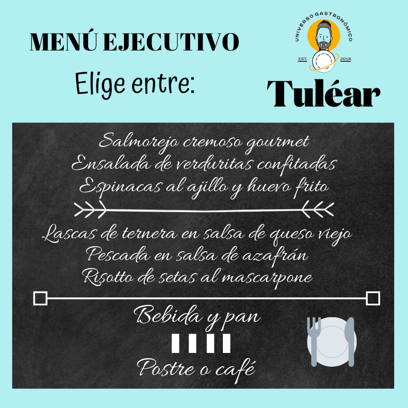 Hoy dile adiós al cocinar y disfruta de la buena comida con nuestro Menú Ejecutivo 😋. Elige un primero y un segundo + bebida + pan + postre o café ☕️🍽, por tan sólo 9,90€. ¡#Tuléar cocina por ti! 👨🏻‍🍳🤩

#Intensidad #UniversoGastronómico #Jaén #MenúDiario
