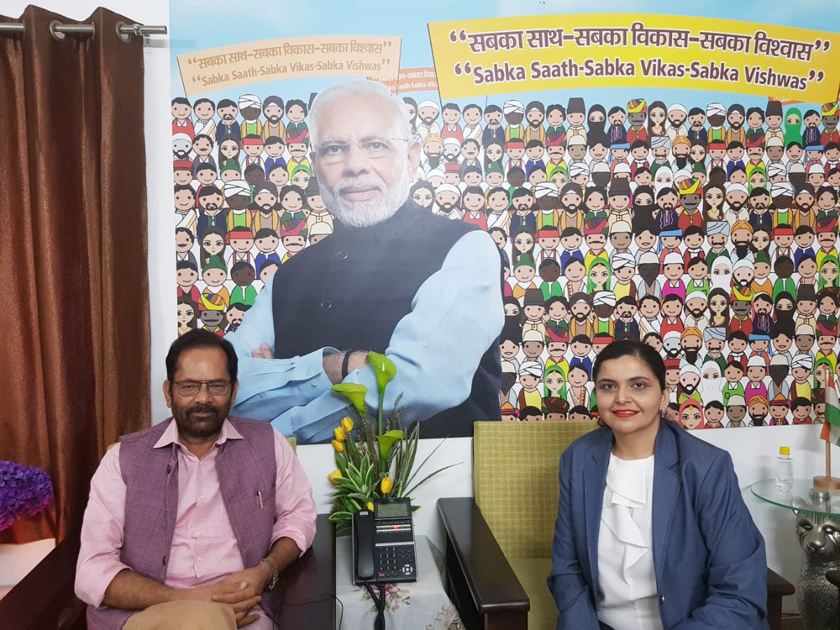 richa_sang's tweet photo. It was a pleasure to interview Hon'ble Union Minister of Minority Affairs Shri Mukhtar Abbas Naqvi ji regarding the welfare measures undertaken by his ministry in line with PM Modi Ji's agenda of #Sabka SathSabkaVikasSabkaVishwas. @AsiaoneMagazine @rajatshukal https://t.co/m79J2M5O3s