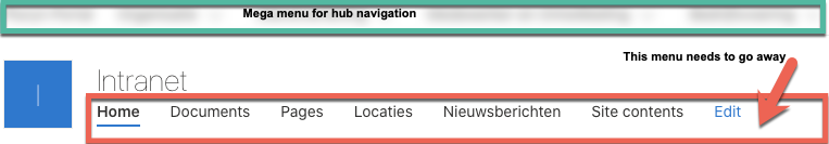 BertJanvdSteeg's tweet photo. What is the easiest way to hide the top level navigation on a SharePoint communication site that is also a hub with the megamenu for navigation? #sharepoint #communicationsite @jasoosterveld @appieschot @waldekm Have you guys done this? SPfX with CSS? https://t.co/jVTs6M1lAu