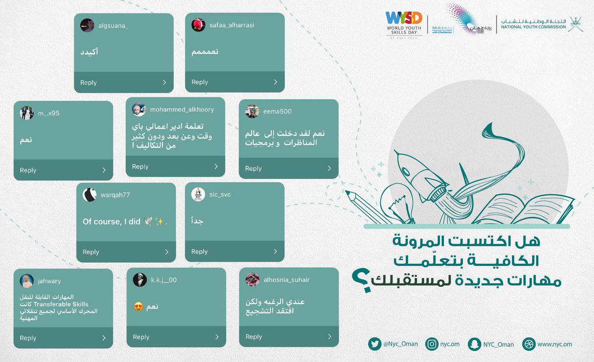 ألهمتنا إجاباتكم .. على سؤالنا في قصة إنستغرام.. ✨

فشكرًا لكم ! ولْتصاحب فكرة المرونة مهاراتكم التي تمارسونها أو التي تودون ممارستها مستقبلًا! 

🚀💡💪🏼

#اليوم_العالمي_لمهارات_الشباب
#عمان_تواجه_كورونا 
#WorldYouthSkillsDay2020