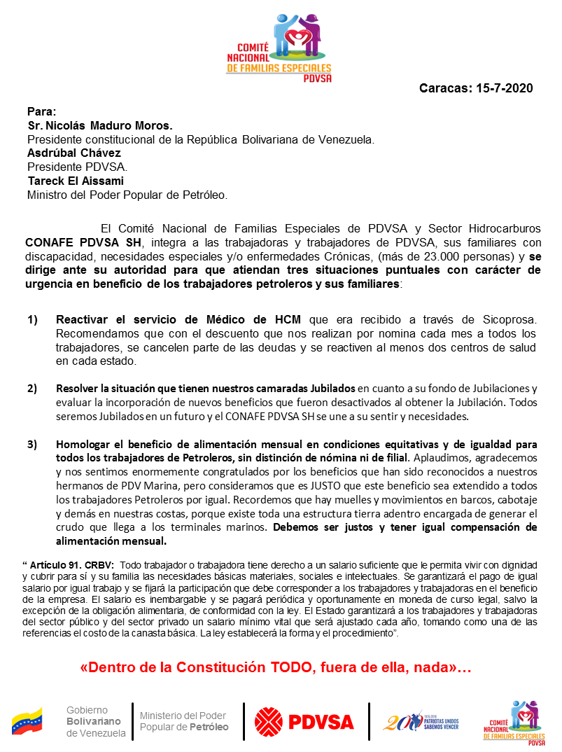 CONAFEPDVSASH's tweet image. @AChavezPdvsa @NicolasMaduro @TareckPSUV 
El CONAFE PDVSA SH requiere su atención urgente en tres lineas para los trabajadores petroleros:
1) Reactivación de HCM.
2) Resolver situación de Jubilados.
3) Homologación de beneficio de alimentación igual para todas las nóminas. 
Amén.