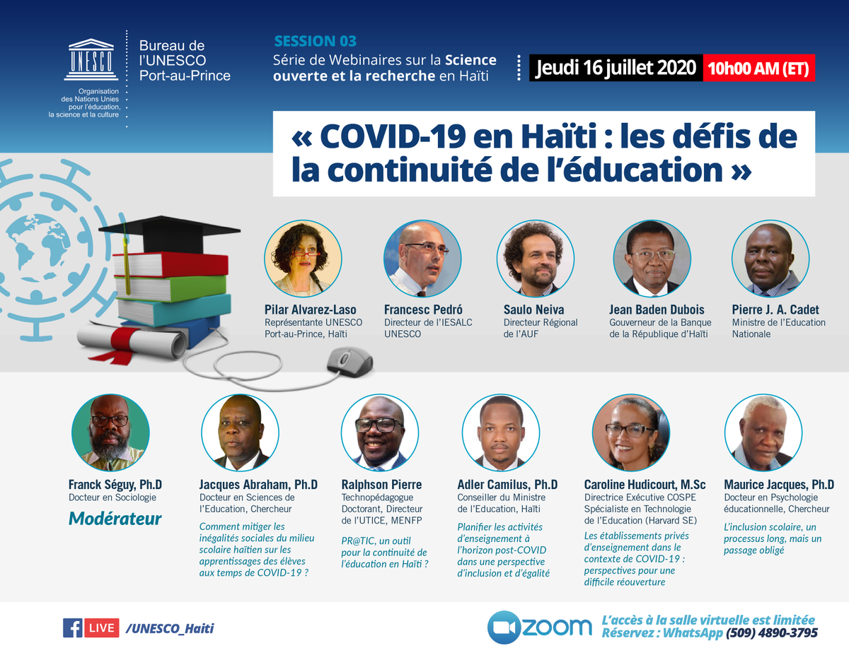 unesco_haiti's tweet photo. Avez-vous marqué la date ? Parce que les intervenants sont connus. Un débat de haut niveau sur "les défis de la continuité de l'#éducation en #Haïti" dans le monde d'après #COVID19. Ce mercredi 16 juillet, 10h00 a.m. Suivez:
[🔴 EN DIRECT ] [https://t.co/wZryFfWjVQ] 📚 https://t.co/0wGMjznsNb