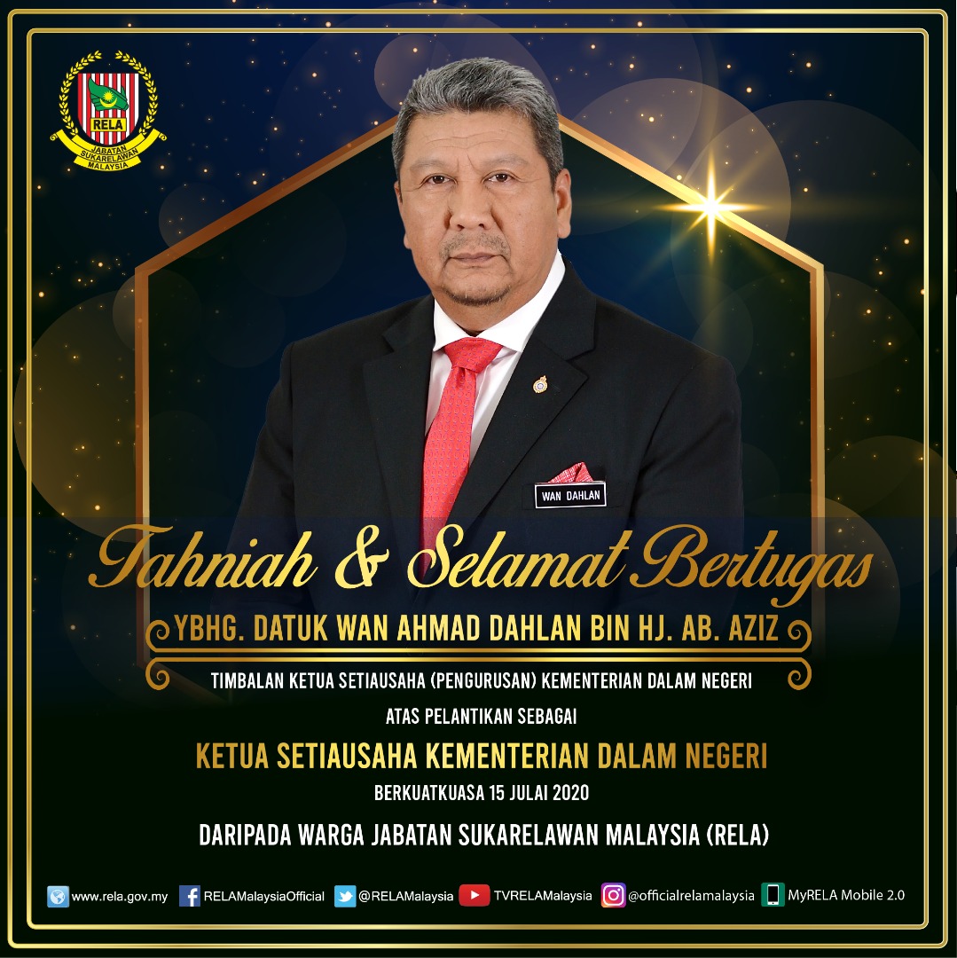Warga <a href="/relamalaysia/">RELA Malaysia</a> merakamkan ucapan tahniah dan selamat bertugas YBhg. Datuk Wan Ahmad Dahlan bin Haji Abdul Aziz atas pelantikan sebagai Ketua Setiausaha Kementerian Dalam Negeri berkuatkuasa pada 15 Julai 2020.
<a href="/KDNPUTRAJAYA/">KDN🇲🇾</a>
<a href="/kamarudin_rapig/">Kamarudin Mohd Rapig</a>