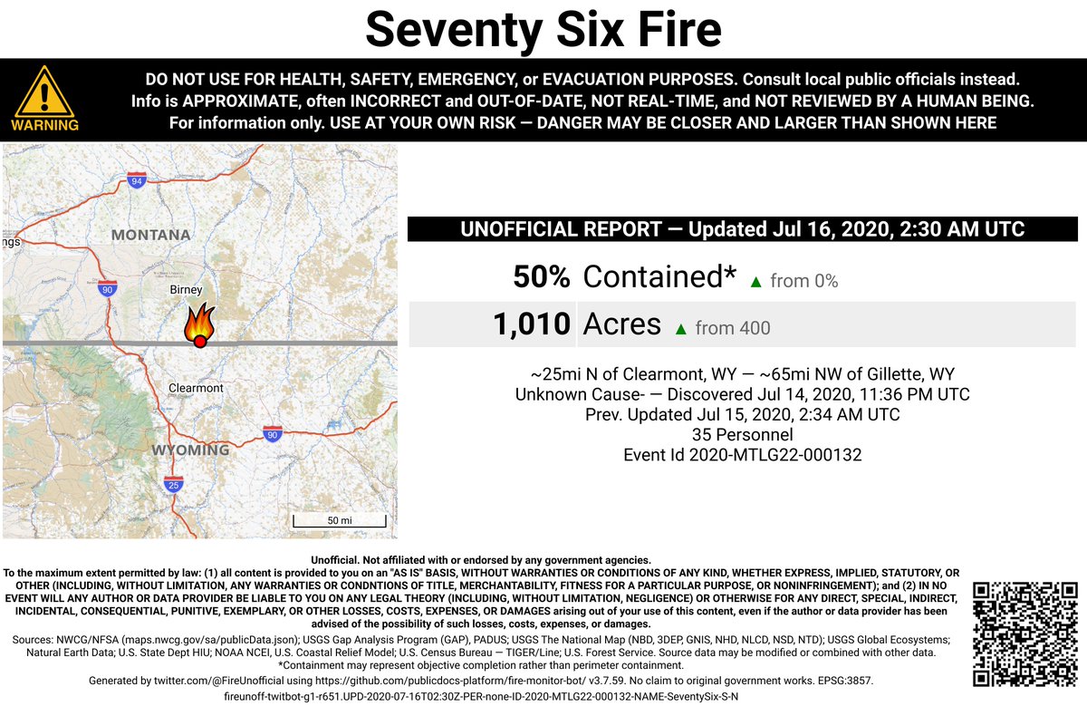 NRockFireBot's tweet photo. #SeventySixFire 🔥 unofficial, automated update.
~25mi N of Clearmont, WY. ⚠️ DO NOT USE FOR SAFETY PURPOSES - See officials instead. May be incorrect; disclaimers in images. https://t.co/hGBeHwglr0