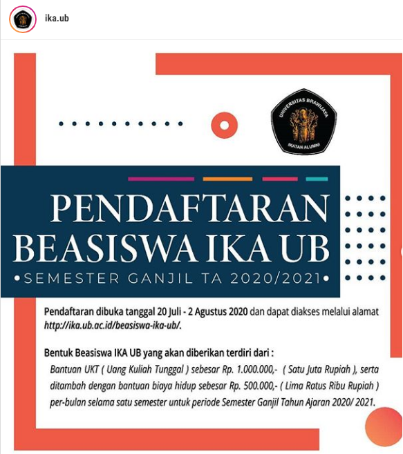 fpub_official's tweet photo. Buat temen-temen semua Beasiswa IKA UB HADIR KEMBALI!!!!⁣
⁣Untuk syarat dan ketentuan bisa dibaca . ⁣

⁣Segera disiapkan seluruh berkasnya yaa. ⁣
Kita buka dari tanggal 20 Juli 2020 - 2 Agustus 2020⁣
⁣Informasi lebih lanjut silahkan hubungi WA yang sudah tertera. https://t.co/LT3rCTsSrP