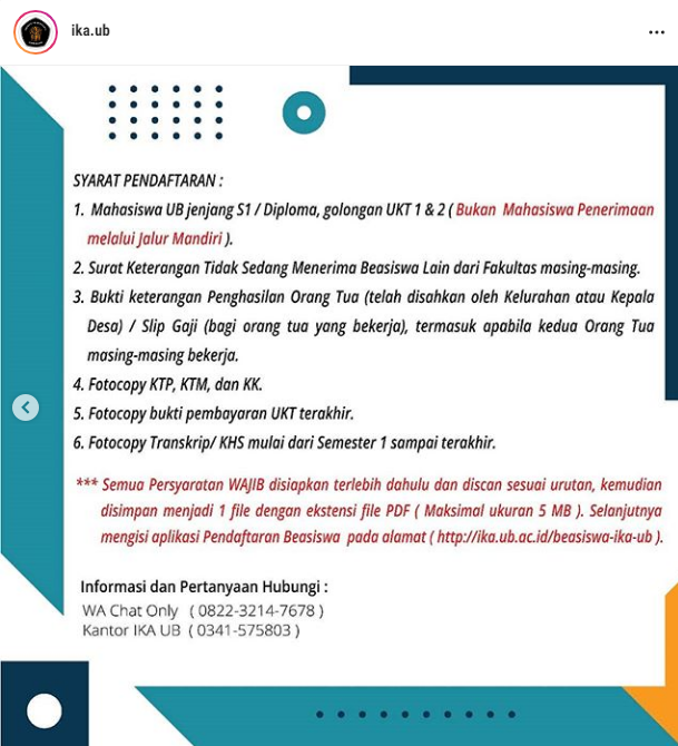Buat temen-temen semua Beasiswa IKA UB HADIR KEMBALI!!!!⁣
⁣Untuk syarat dan ketentuan bisa dibaca . ⁣

⁣Segera disiapkan seluruh berkasnya yaa. ⁣
Kita buka dari tanggal 20 Juli 2020 - 2 Agustus 2020⁣
⁣Informasi lebih lanjut silahkan hubungi WA yang sudah tertera.