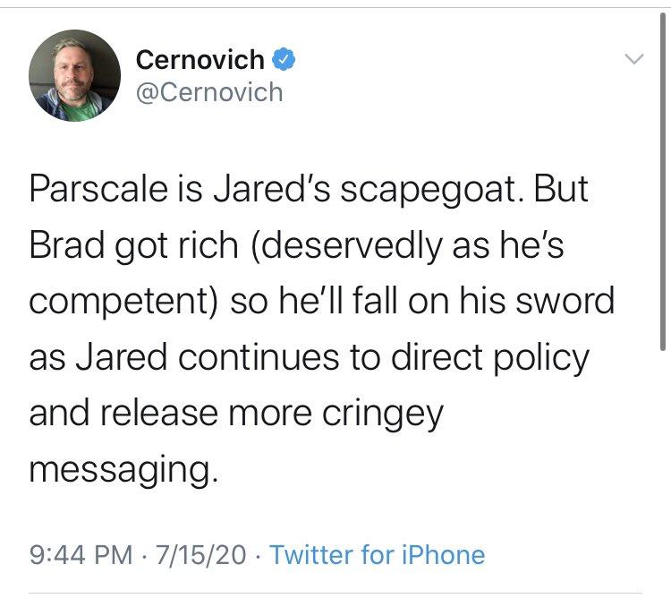 So...  @Cernovich has sources. But tonight he was just tweeting common knowledge about Kushner & Pascale. A half hour later,  @PeterAlexander reports the same two points but he has it from a “source close to the WH.”Peter is a WH reporter and getting in on the Sourced News grift.